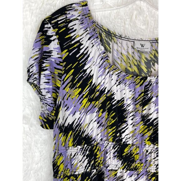 Worthington Womens Large Purple Black Yellow White ZigZag Elastic Short Sleeve - Picture 2 of 6